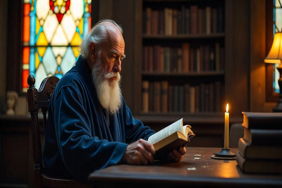 Filosofias-Freepik-IA. Um homem idoso lendo um livro na sua biblioteca