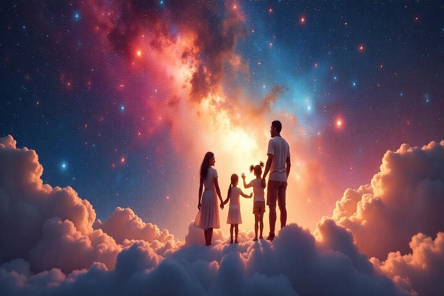 Escolha espiritual da familia. Pais e filhos ermergindo das nuvens com uma luz forte ao fundo