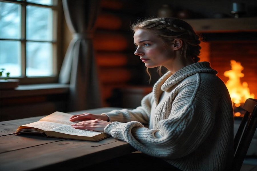 Como começar a estudar o espiritismo: Uma sentada com um livro espírita aberto diante de uma luz suave, em ambiente sereno, refletindo estudo e conexão espiritual.