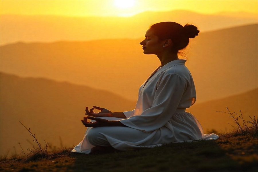 Cura emocional : Uma mulher em meditação diante de um nascer do sol, com luz suave irradiando paz interior.