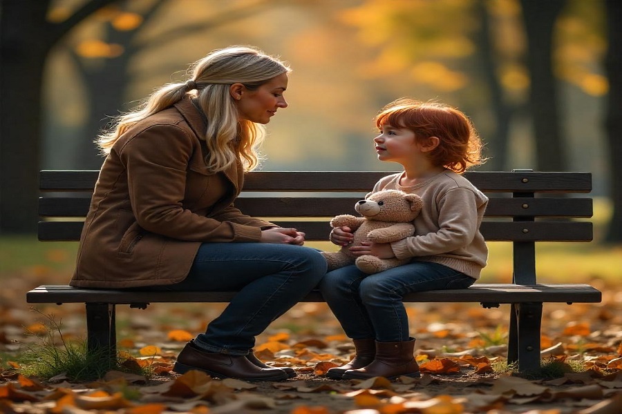 espiritos antigos-em-corpos-infantis : Uma mâe falanco com seu filho em um banco de jardim