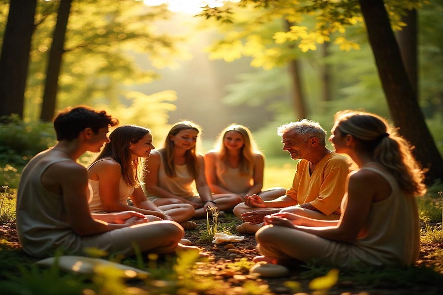 Laços espirituais eternos : Grupo de amigos e familiares sentados e reunidos numa floresta. IA Freepick