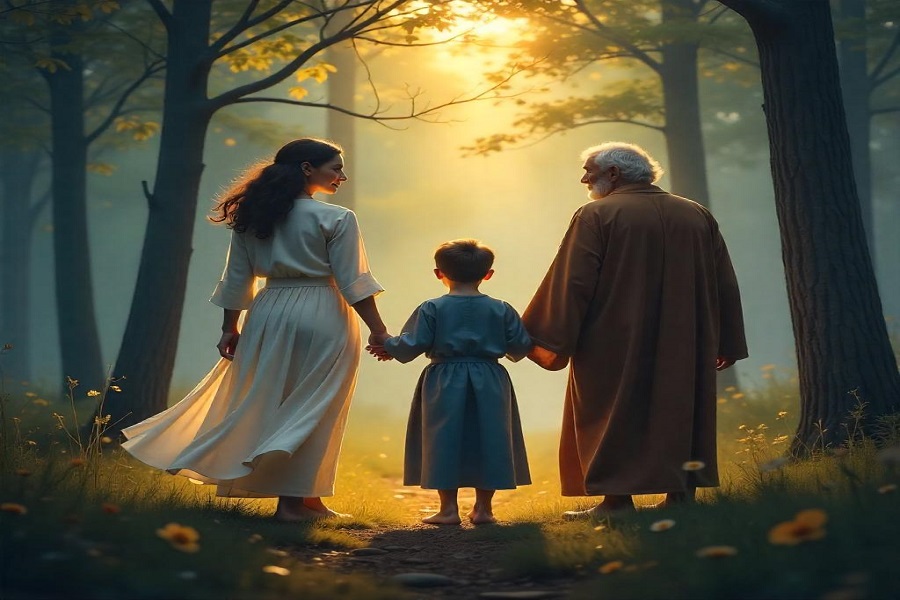 Laços espirituais: Pessoas conectadas por fios de luz dourada, em um cenário etéreo, representando vínculos de amor, família e reconciliação.