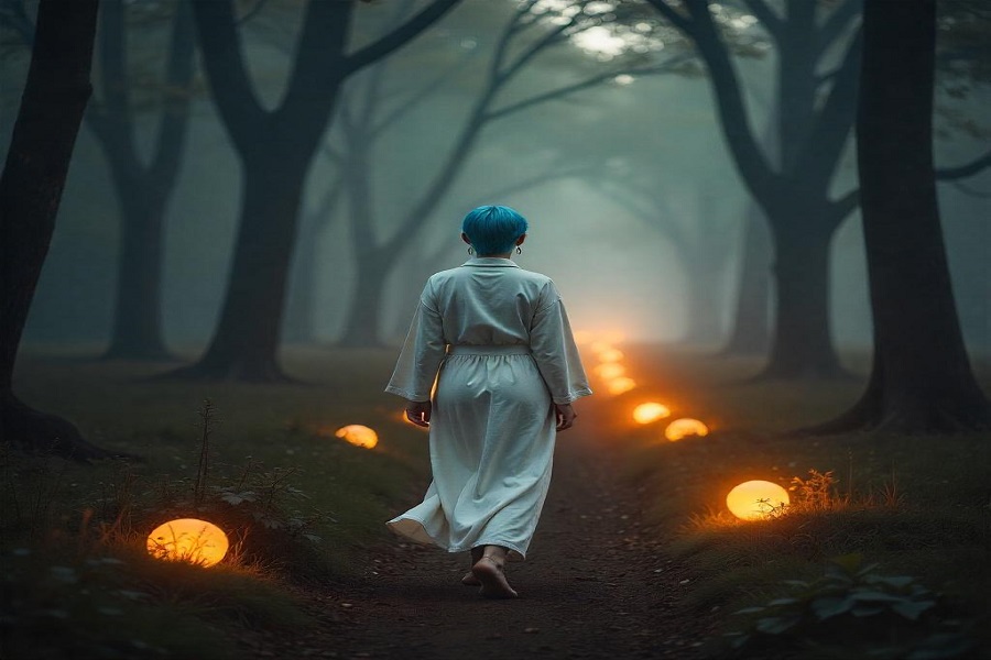 luto na visao espiritualista : Uma mulher caminhando pela floresta à noite