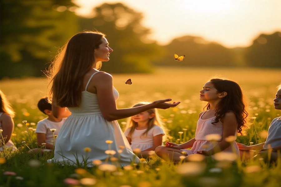 práticas espirituais para crianças - Crianças em contato com a natureza, em um jardim florido