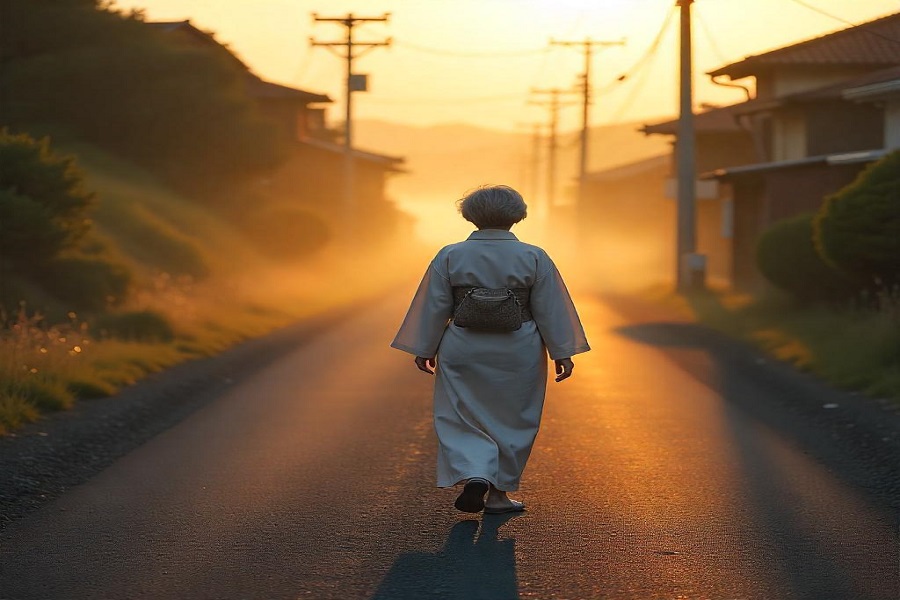 Recomeços espirituais: Pessoa caminhando sozinha ao amanhecer por uma estrada vazia, com luz dourada simbolizando renascimento e direção espiritual