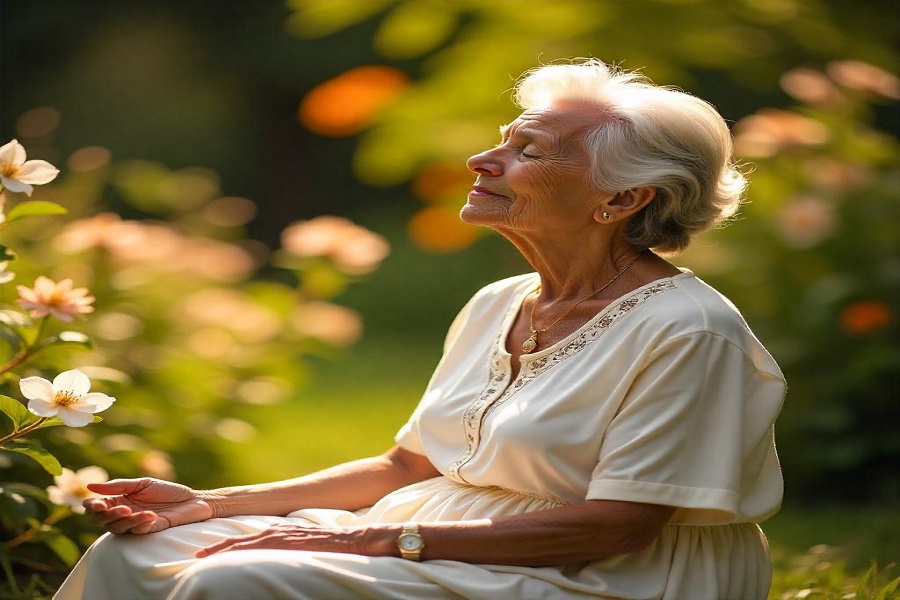 reencarnacao segundo o espiritismo - Uma senhora meditando no jardim florido