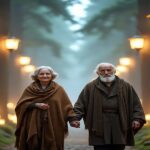 Amor verdadeiro: Um casal idoso caminhando de mãos dadas em um bosque iluminado, com uma luz suave simbolizando proteção espiritual
