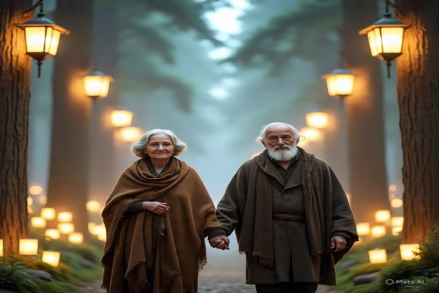 Amor verdadeiro: Um casal idoso caminhando de mãos dadas em um bosque iluminado, com uma luz suave simbolizando proteção espiritual