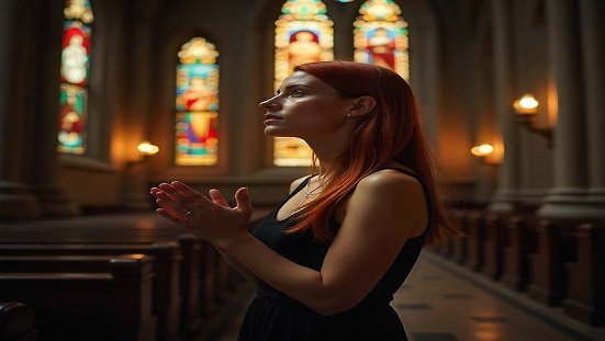 A prece: Uma pessoa orando com as mãos abertas, rodeada de luz suave, representando a conexão espiritual.