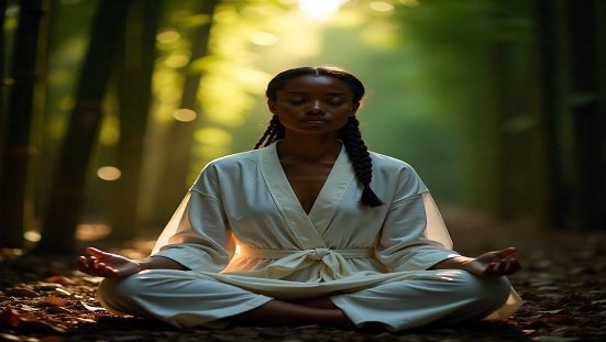 Consciência espiritual: Uma pessoa meditando, rodeada por luz suave, representando o despertar da consciência espiritual.