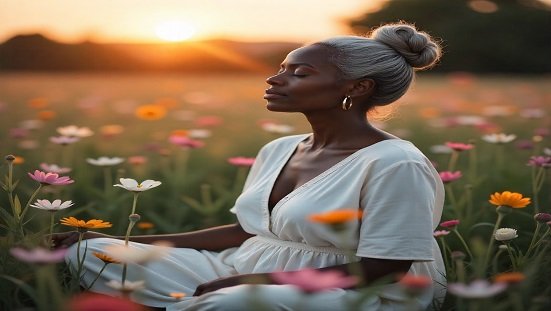 O impacto do pensamento positivo. Uma senhora em pensamentos positivos