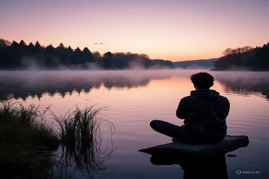 Paz interior: Pessoa meditando à beira de um lago ao amanhecer, simbolizando paz interior e conexão com o mundo espiritual.
