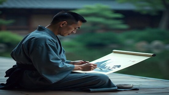 Um homem pintando um quadro com luz suave ao redor, simbolizando a conexão entre criatividade e espiritualidade