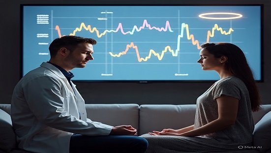 Tecnologia espiritual: Pesquisador e uma pessoa em meditação, lado a lado, com gráficos de EEG ao fundo e um halo discreto sugerindo tecnologia espiritual em ação