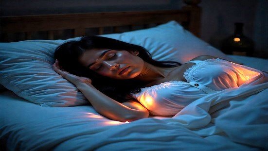 Espiritualidade: Uma pessoa dormindo serenamente em um quarto iluminado por luz suave, com aura espiritual brilhando ao redor