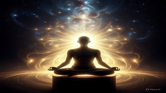 Uma representação simbólica da consciência além do corpo, com uma silhueta humana em meditação e uma aura luminosa se expandindo para o espaço.