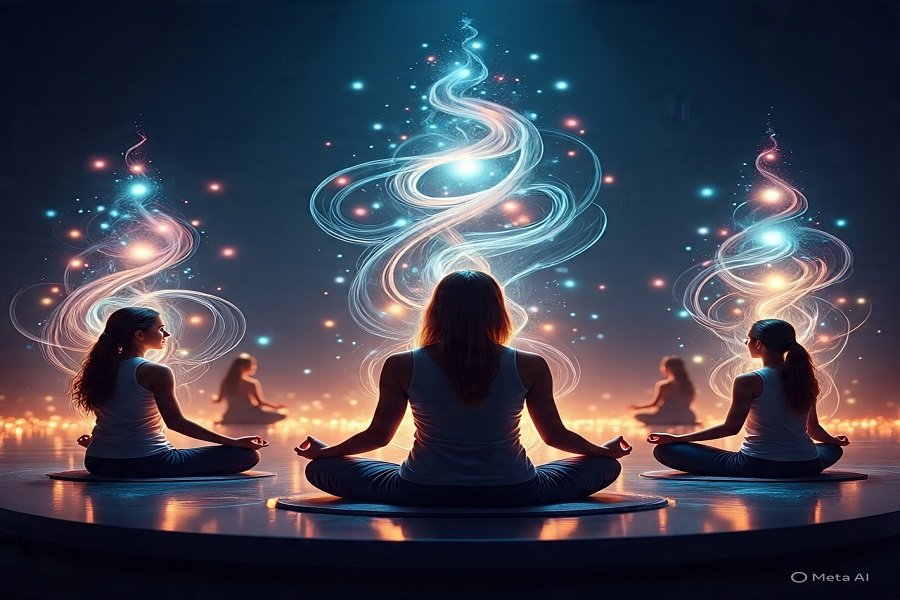 Mente quântica: Uma figura meditando em meio a partículas de luz flutuantes, simbolizando a conexão entre mente e energia quântica.