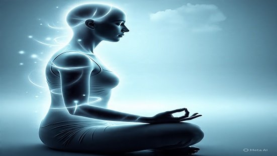 Energia vital: Pessoa sentada em meditação, vista lateral, com sutil halo luminoso contornando o corpo e partículas suaves indicando circulação de energia.