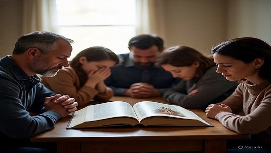 Evangelho no lar: Família reunida em oração em casa, mesa simples com evangelho aberto, luz suave entrando pela janela, atmosfera espiritual serena