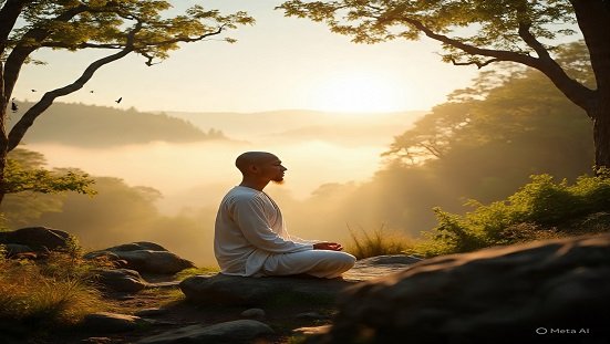 Uma pessoa em posição de meditação ao nascer do sol, em cenário natural, transmitindo paz e espiritualidade.