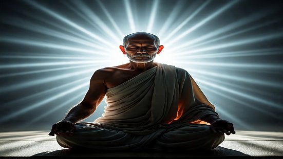 Pensamentos negativos: Uma figura em meditação, cercada por um campo luminoso, com sombras dispersando-se em volta, simbolizando a superação de pensamentos negativos.