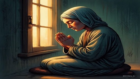 Prece - Pessoa em prece junto à janela, simbolizando paz e conexão espiritual.