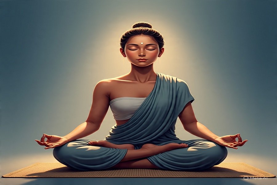 Voz interior: Ilustração suave de uma pessoa em silêncio meditativo com luz espiritual ao fundo, representando a conexão com a voz interior