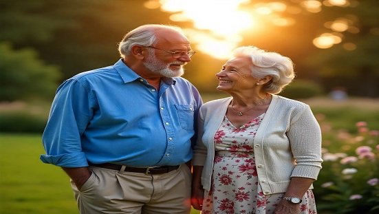 Moral espírita: Um casal de idosos sorrindo com serenidade em um parque, com luz suave e atmosfera espiritual,