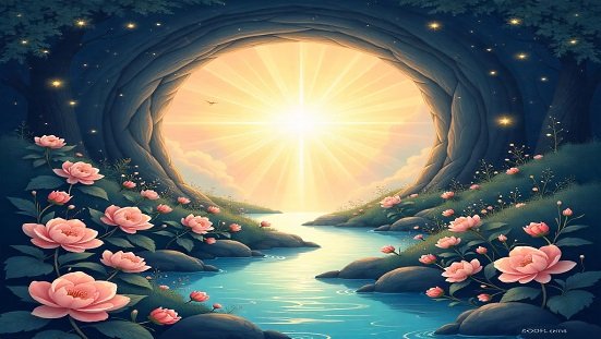 A vida após a morte: Ilustração suave de uma luz espiritual atravessando um portal, simbolizando a vida após a morte