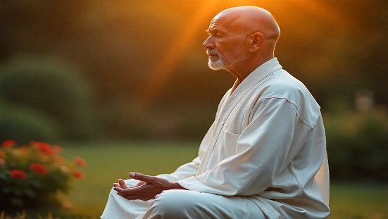 Pessoa meditando em serenidade, simbolizando o amor próprio na evolução espiritual.