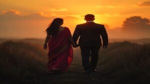 Amor verdadeiro: Duas pessoas caminhando juntas em um campo iluminado pelo pôr do sol, simbolizando amizade e amor verdadeiro sob a ótica espiritualista.