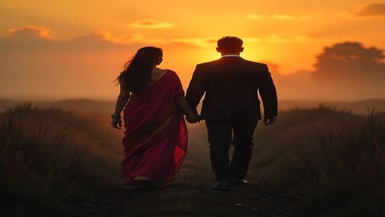Amor verdadeiro: Duas pessoas caminhando juntas em um campo iluminado pelo pôr do sol, simbolizando amizade e amor verdadeiro sob a ótica espiritualista.