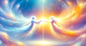 Silhueta espiritual deixando o corpo físico em luz suave, simbolizando consciência após a morte.