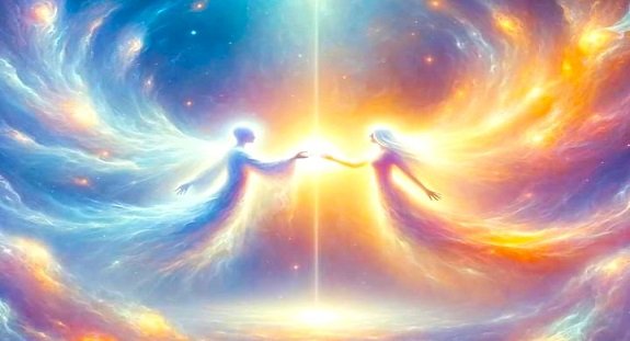 Silhueta espiritual deixando o corpo físico em luz suave, simbolizando consciência após a morte.