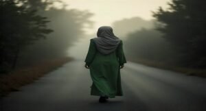 Progresso espiritual: Uma estrada serena ao amanhecer com uma figura caminhando sozinha, representando o progresso espiritual, com luz suave e natureza ao redor