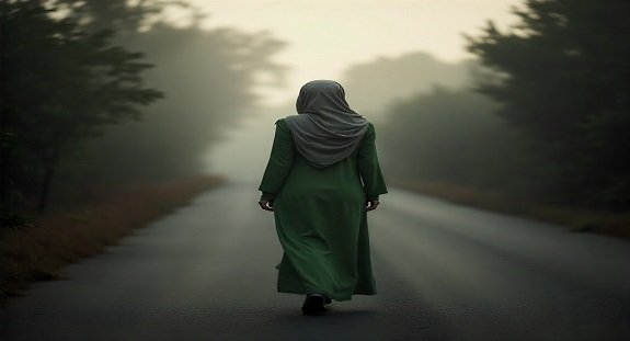 Progresso espiritual: Uma estrada serena ao amanhecer com uma figura caminhando sozinha, representando o progresso espiritual, com luz suave e natureza ao redor