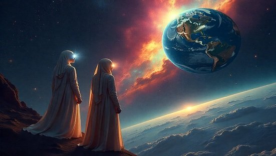 Representação simbólica de extraterrestres observando a Terra como parte do plano divino.
