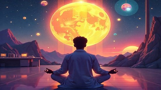 Universo espiritual: Ilustração de luz cósmica representando a união entre ciência e espiritualidade, com elementos do espaço e energia sutil.