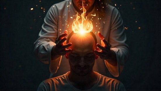 Cura espiritual : Um curador ou médium realizando passes energéticos, cercado por luz suave e símbolos espirituais.