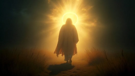 Doutrina espírita : Um espírito envolto em luz, caminhando em um campo aberto simbolizando liberdade e evolução espiritual.
