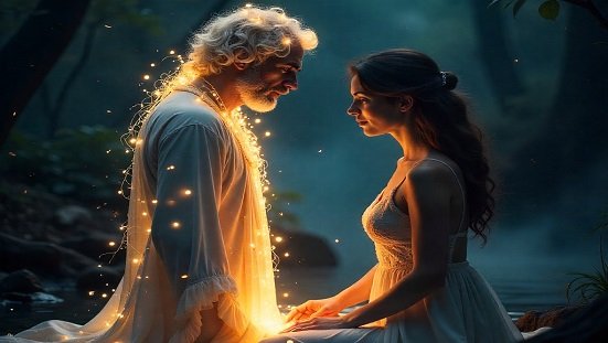 Espiritismo e aparição : Um espírito luminoso se materializando diante de uma pessoa em prece, em um ambiente suave e sereno, com luz espiritual