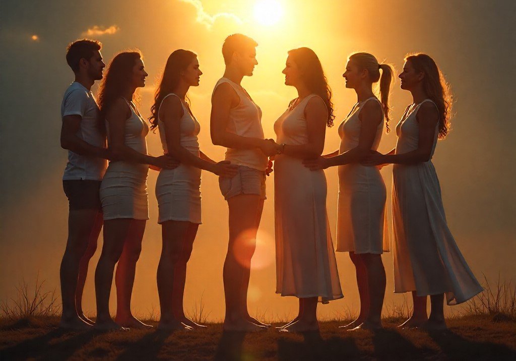 Espiritismo e preconceito : Um grupo diverso de pessoas em união espiritual, rodeadas por luz suave, representando igualdade e harmonia segundo a Doutrina Espírita.