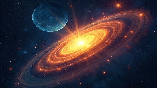 Evolução dos planetas: Representação artística do universo com planetas em diferentes estágios de luminosidade, simbolizando a evolução espiritual cósmica.