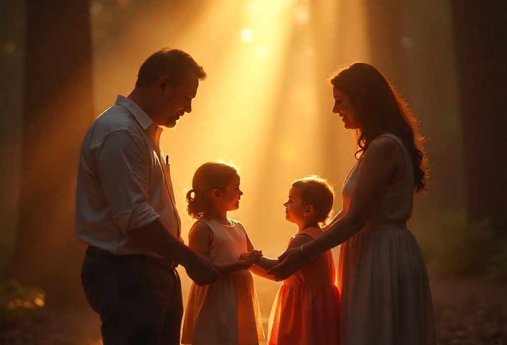 Influência da reencarnação : Família reunida sob luz suave, com aura espiritual simbólica, representando laços eternos.