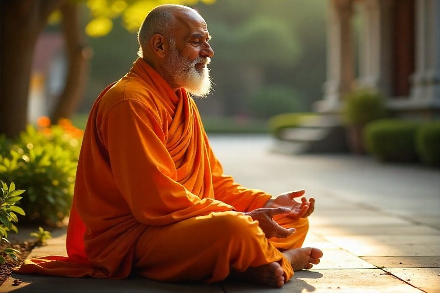 Meditação no cérebro : Uma pessoa meditando em ambiente sereno, com luz suave envolvendo a cabeça, simbolizando a conexão entre mente e espírito.