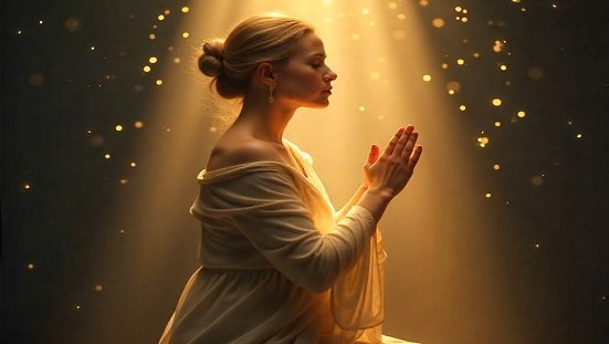 Oração pelos mortos: Pessoa em meditação com mãos juntas, rodeada de luz suave, enquanto uma presença espiritual etérea se aproxima, simbolizando a conexão com entes queridos falecidos.