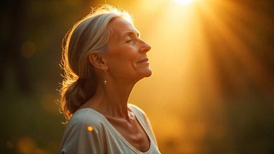 Provas e expiações: Pessoa orando com serenidade sob luz suave, representando superação espiritual.