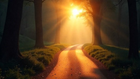 Reencarnação: Uma estrada iluminada pelo sol nascente, simbolizando a jornada da alma através das reencarnações, em cenário espiritual suave e acolhedor