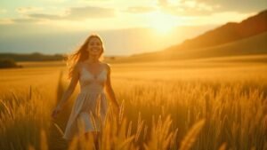 A reencarnação: Uma mulher feliz em campos floridos